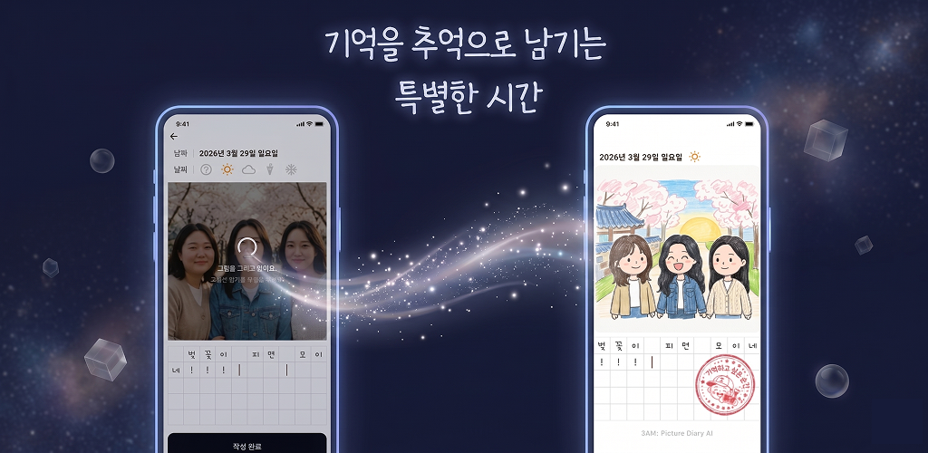 기억을 추억으로 남기는 특별한 시간이라는 문구와 사진이 그림 일기로 변하는 앱 화면